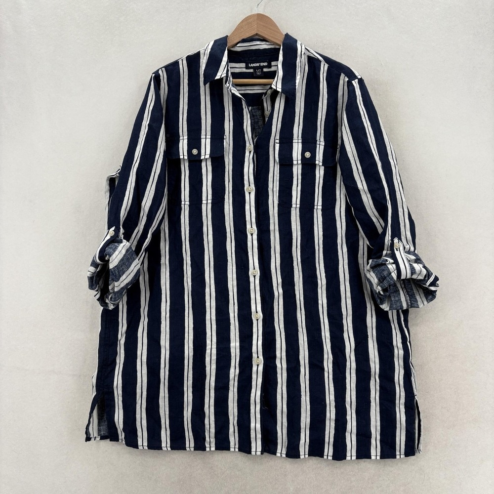 Lands End Shirt Womens Large Tall Blue Striped Linen Button Up Tunic Casual